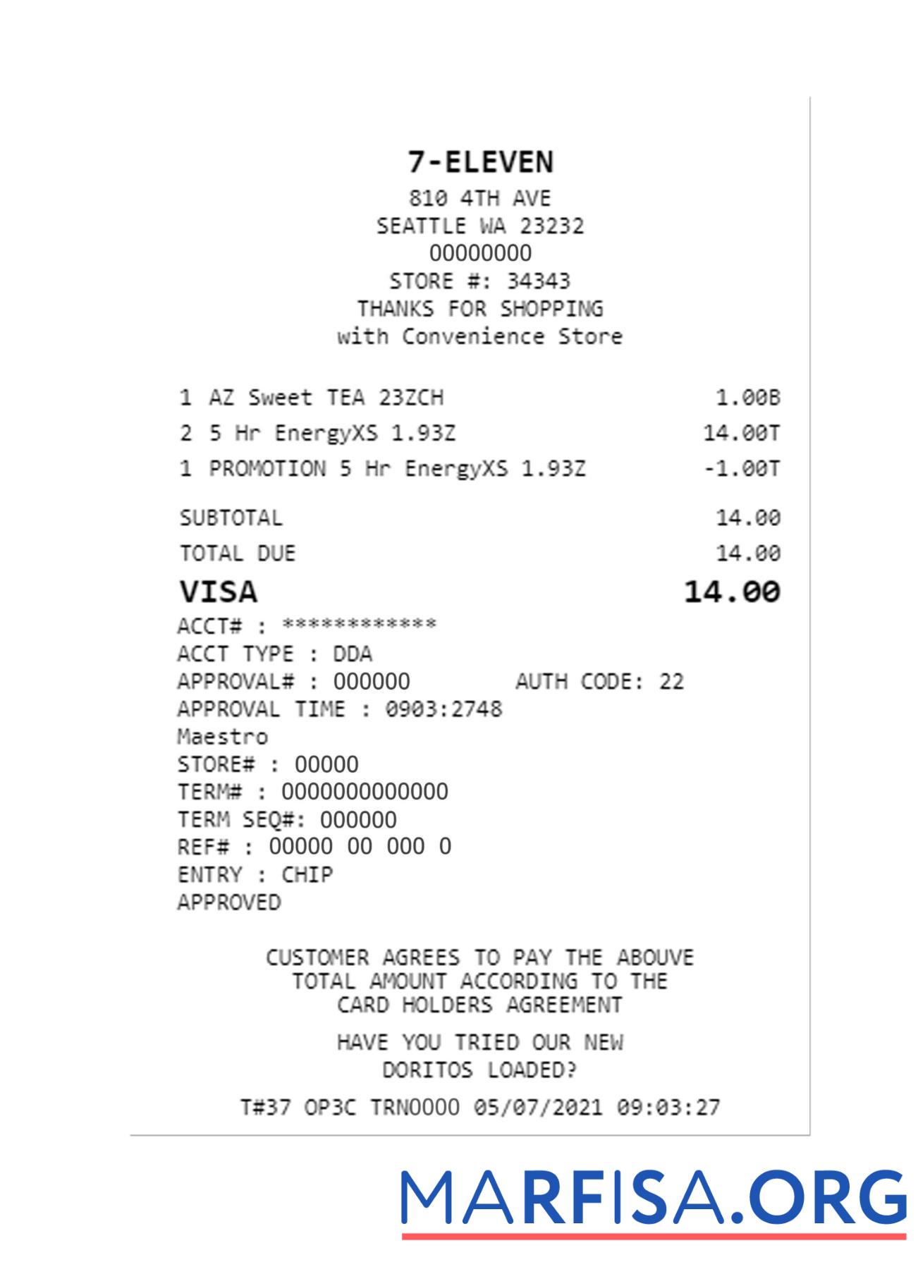 Blank 7 ELEVEN payment check sample